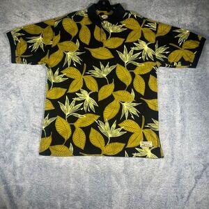 Tommy Bahama Mens M Cotton Polo Shirt SS Tropical Leaf Print Black Green